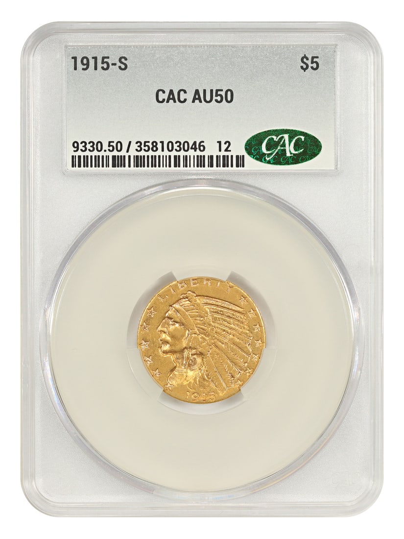 1915 San Francisco Indian Half Eagle Gold Coin CACG AU50: 1915 San Francisco Indian Half Eagle Gold Coin CACG AU50 This 1915-S Indian $5 gold coin is a lightly circulated example, graded AU50 by CACG. It features bold luster and has been minted in San Franci