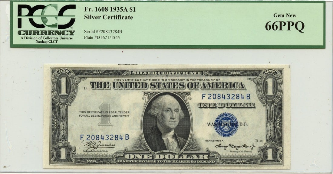 1935A $1 Silver Certificate FR#1608 PCGS MS66 Uncirculated: 1935A $1 Silver Certificate FR#1608 PCGS MS66 Uncirculated This 1935A $1 Silver Certificate, designated as FR#1608, is a remarkable piece for collectors. Graded MS66 by PCGS, this uncirculated note sh