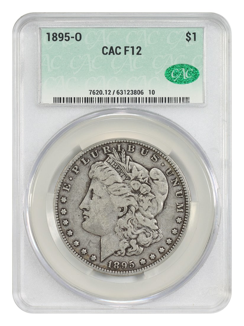 CACG Certified 1895-O Morgan Silver Dollar Fine 12 Semi-Key Date: CACG Certified 1895-O Morgan Silver Dollar Fine 12 Semi-Key Date This 1895-O Morgan Dollar is a semi-key date coin, graded Fine 12 by CACG. Minted in New Orleans, it is a circulated example and is con