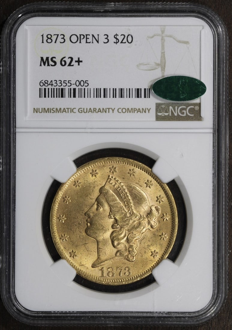 NGC CAC MS62+ 1873 Open 3 Liberty Head $20 Gold Coin Philadelphia: NGC CAC MS62+ 1873 Open 3 Liberty Head $20 Gold Coin Philadelphia This 1873 Liberty Head Gold Double Eagle features an Open 3 design and is certified by NGC with a grade of MS62+ and a CAC sticker. St