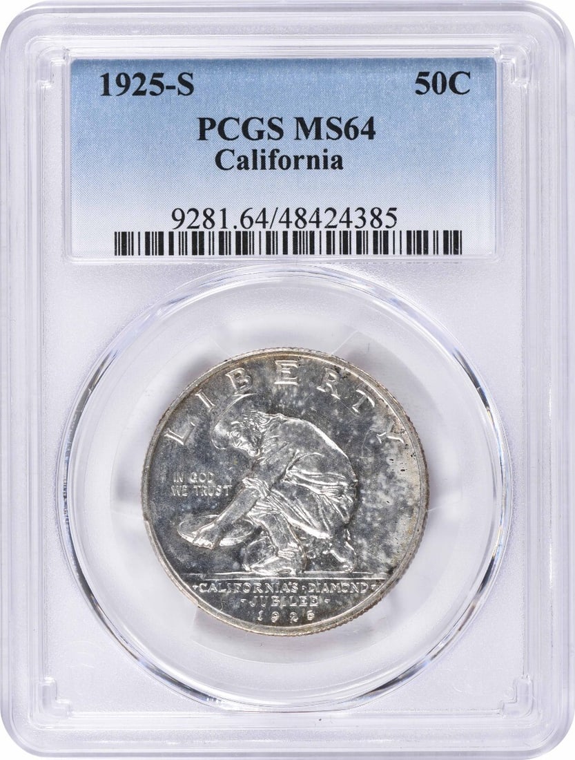 1925-S California Commemorative Silver Half Dollar MS64 PCGS: 1925-S California Commemorative Silver Half Dollar MS64 PCGS This California Commemorative Silver Half Dollar, minted in 1925 at the San Francisco mint, is a stunning piece for collectors. Graded MS64