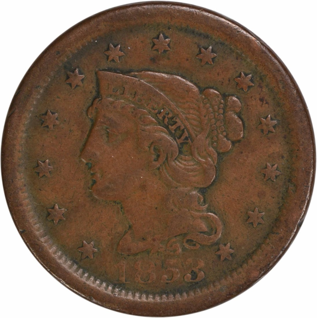 1853 Braided Hair Large Cent EF Copper Coin Uncertified: 1853 Braided Hair Large Cent EF Copper Coin Uncertified This 1853 Large Cent features a beautiful Braided Hair design by Christian Gobrecht, showcasing a rich copper composition. It is an circulated c