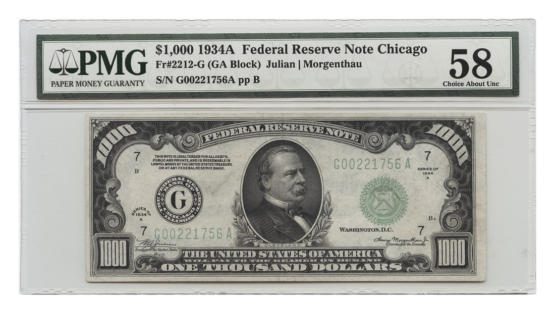 1934 $1000 Cleveland Federal Reserve Note PMG AU58 Small Size: 1934 $1000 Cleveland Federal Reserve Note PMG AU58 Small Size This is a 1934 $1,000 Federal Reserve Note from Cleveland, graded PMG Choice AU58. The note features fantastic color and original embossin