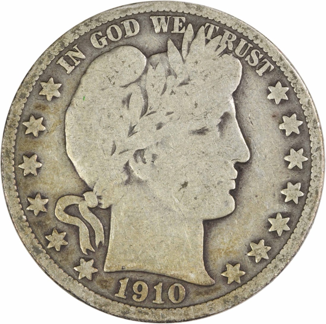 1910 United States Barber Half Dollar 90 Percent Silver VG Grade Uncertified: 1910 United States Barber Half Dollar 90 Percent Silver VG Grade Uncertified This 1910 Barber Half Dollar from the Philadelphia Mint is composed of 90% silver and 10% copper. Designed by Charles E. Ba