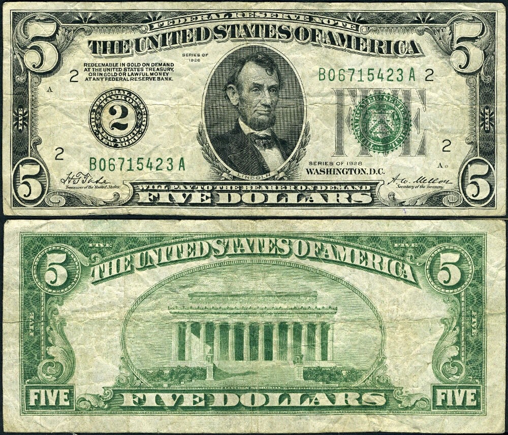 1928 $5 New York Federal Reserve Note B-A Block VF: 1928 $5 New York Federal Reserve Note B-A Block VF This 1928 $5 Federal Reserve Note from New York, B-A block, features original paper quality and vibrant color. The note is graded VF (Very Fine) and 
