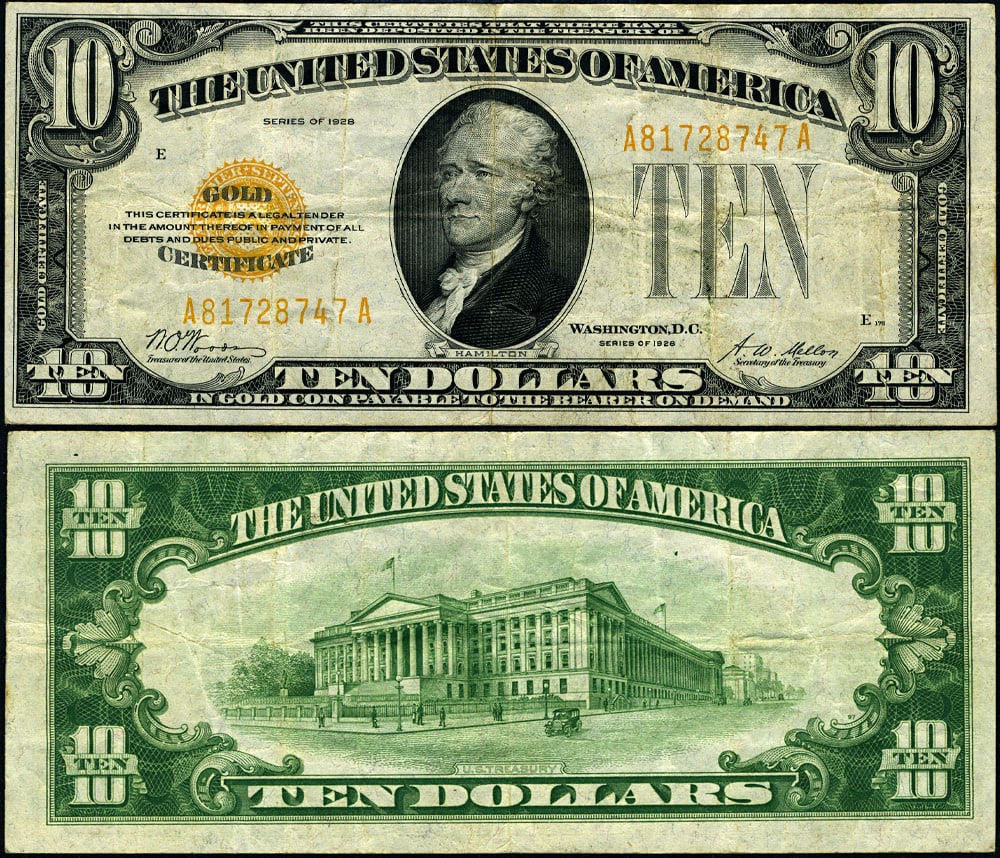 1928 $10 Gold Certificate FR. 2400 A-A Block Uncertified: 1928 $10 Gold Certificate FR. 2400 A-A Block Uncertified This 1928 $10 Gold Certificate features an A-A Block designation and is graded as VF+. The note exhibits original paper quality, vibrant color,
