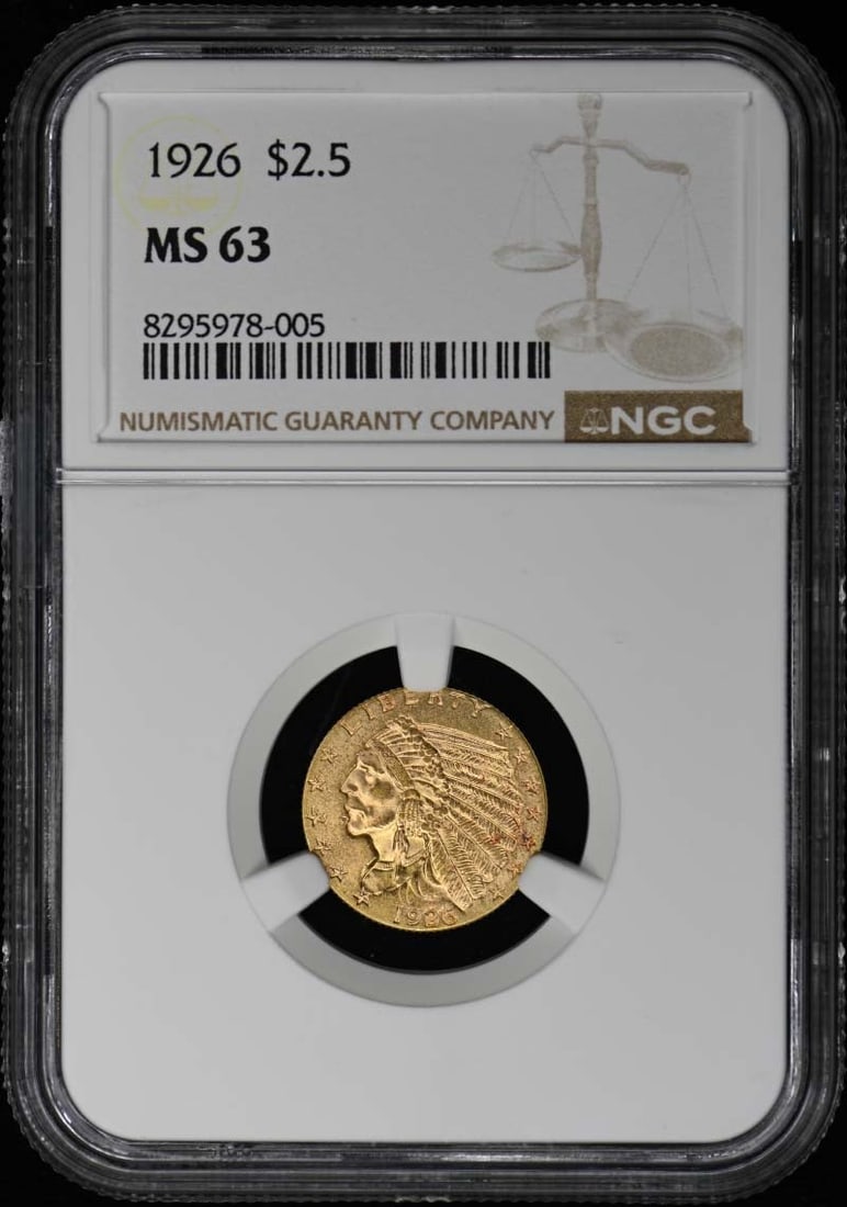 1926 Indian Head $2.50 Coin NGC MS63 Uncirculated Philadelphia: 1926 Indian Head $2.50 Coin NGC MS63 Uncirculated Philadelphia This 1926 Indian Head $2.50 coin, certified by NGC with a grade of MS63, exemplifies remarkable quality in uncirculated condition. Minted