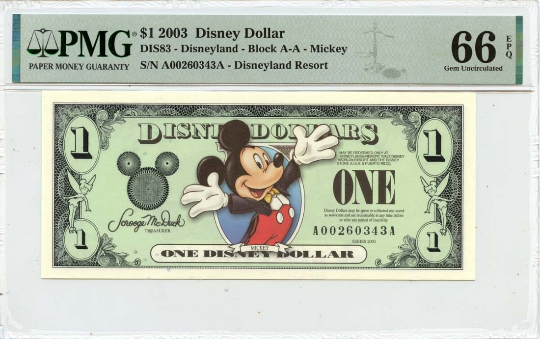 PMG MS66 2003 One Dollar Disney Currency Mickey Mouse Disneyland: PMG MS66 2003 One Dollar Disney Currency Mickey Mouse Disneyland This 2003 $1 Disney Dollar features Mickey Mouse and was issued at Disneyland. The note has been certified by PMG with a grade of Gem66