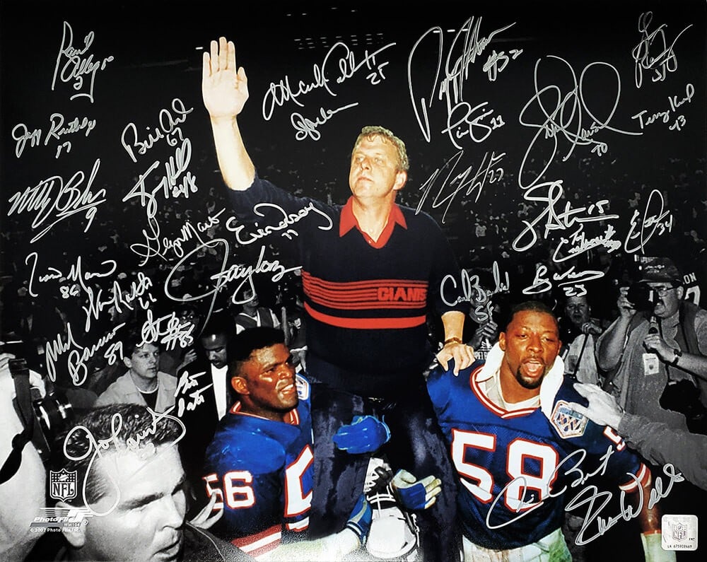 1986 1990 New York Giants Team Signed 16x20 Photo with 29 Autographs: 1986 1990 New York Giants Team Signed 16x20 Photo with 29 Autographs Celebrate the legacy of the New York Giants with this stunning 16x20 photo, capturing the triumphant moment of the 1986/1990 Super 