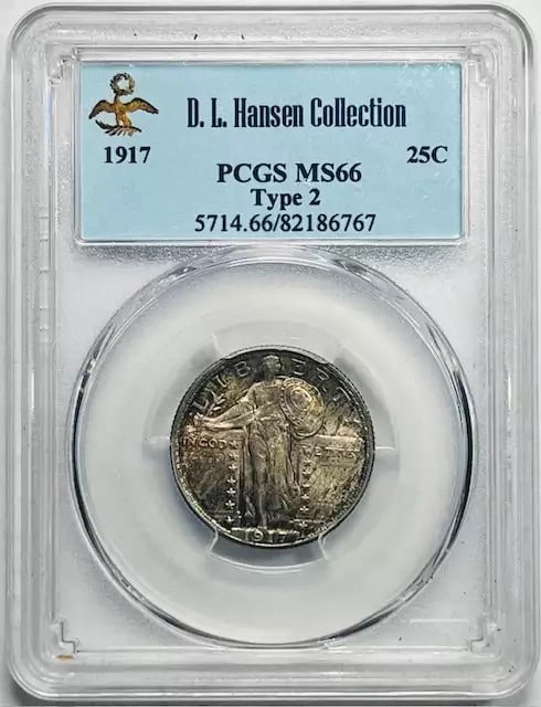 PCGS MS66 1917 Type 2 Standing Liberty Quarter From D.L. Hansen Collection: PCGS MS66 1917 Type 2 Standing Liberty Quarter From D.L. Hansen Collection This 1917 Standing Liberty Quarter is a Type 2 coin from the D.L. Hansen Collection, certified by PCGS with a grade of MS 66.