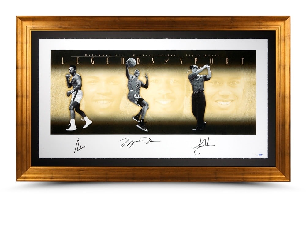 Michael Jordan Muhammad Ali Tiger Woods Autographed Framed Print Limited Edition 49x25 /500: Michael Jordan Muhammad Ali Tiger Woods Autographed Framed Print Limited Edition 49x25 /500 This stunning lithograph poster features a captivating collage of sports legends, including Michael Jordan, 