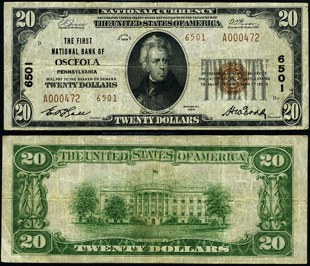 1929 T-2 $20 National Bank Note Osceola PA FNB Circulated: 1929 T-2 $20 National Bank Note Osceola PA FNB Circulated This attractive $20 1929 T-2 National Bank Note from Osceola, Pennsylvania, boasts a grade of VF (Very Fine) and features nice original color.