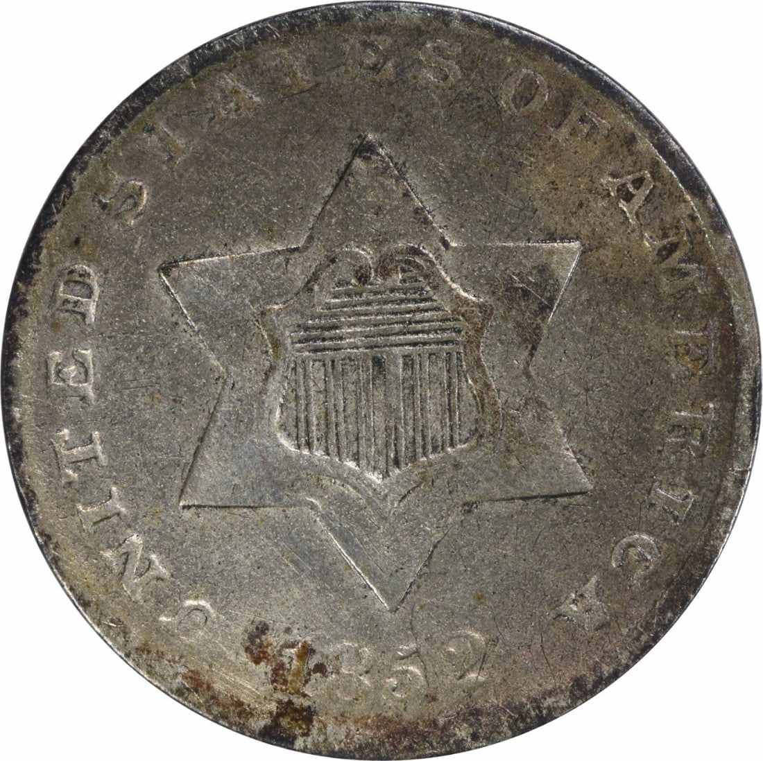 1852 Three Cent Silver Coin F Grade Uncertified US Mint Philadelphia: 1852 Three Cent Silver Coin F Grade Uncertified US Mint Philadelphia This 1852 Three Cent Silver coin is a classic piece of American numismatics, featuring a design by James Barton Longacre. The coin 