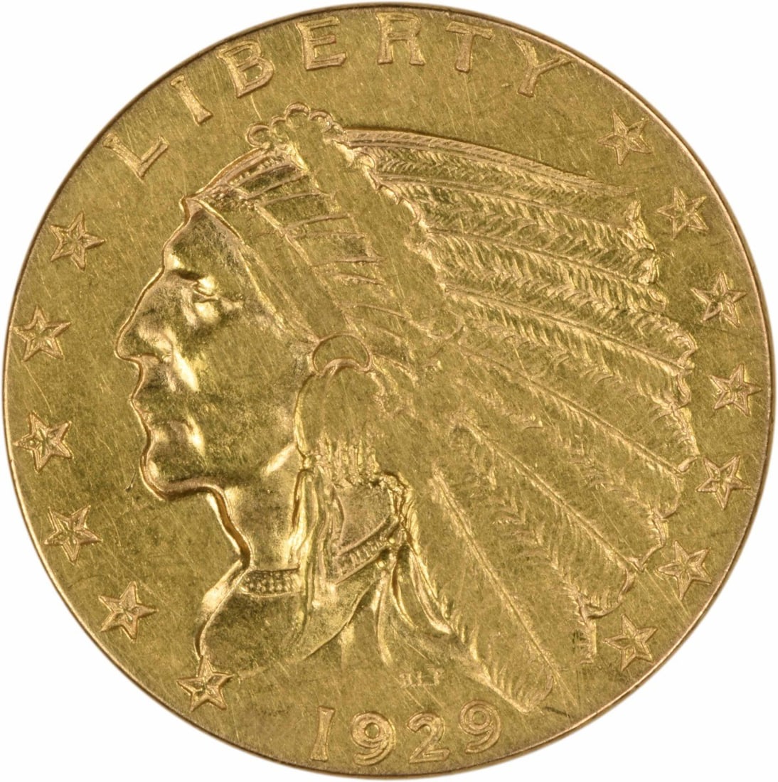 1929 Indian Head $2.50 Gold Coin EF Philadelphia Uncertified: 1929 Indian Head $2.50 Gold Coin EF Philadelphia Uncertified This 1929 $2.50 Gold Indian coin is an uncertified, circulated example featuring a design by Bela Lyon Pratt. Struck at the Philadelphia Mi