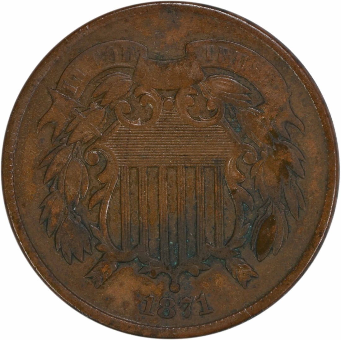 1871 Philadelphia Two Cent Piece Bronze Coin F Grade: 1871 Philadelphia Two Cent Piece Bronze Coin F Grade This 1871 Two Cent Piece is a historical coin featuring a denomination of 2C. It was minted in Philadelphia and designed by James Barton Longacre. 
