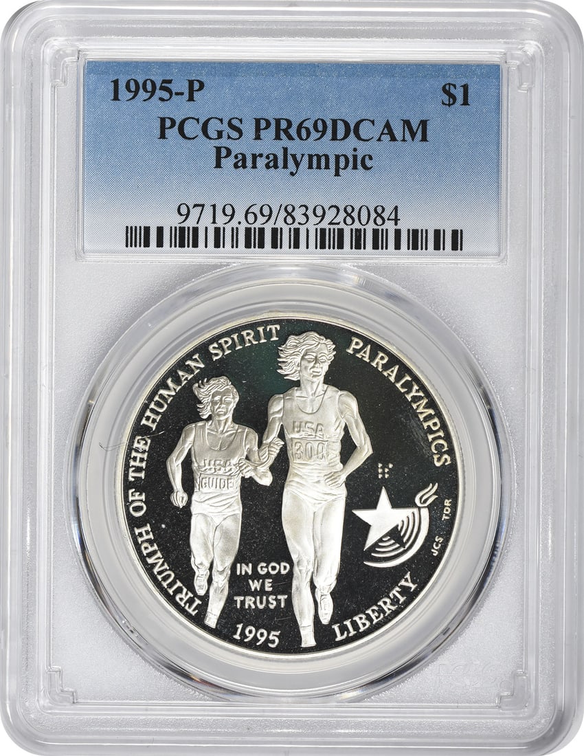 1995 Paralympics Blind Runner Silver Dollar Proof PCGS PR69: 1995 Paralympics Blind Runner Silver Dollar Proof PCGS PR69 This 1995-P Paralympics commemorative dollar features a blind runner design and is struck in silver. Graded PR69DCAM by PCGS, this proof coi