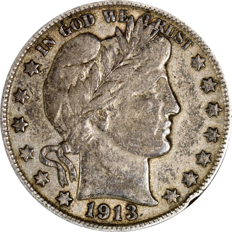 1913 D Silver Barber Half Dollar United States Coin: 1913 D Silver Barber Half Dollar United States Coin This is a 1913-D Barber Half Dollar from the United States. The coin is composed of silver with a fineness of 0.9, minted in Denver. It is a circula