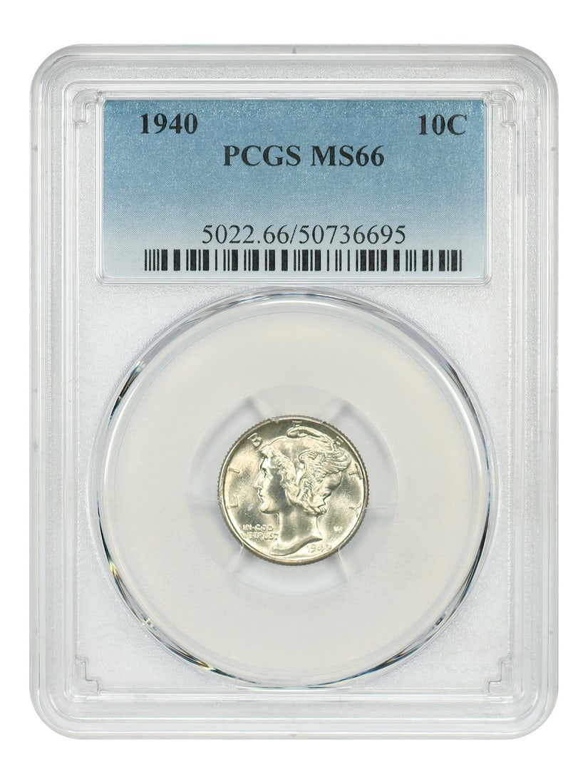 PCGS MS66 1940 Mercury Dime 10 Cent Uncirculated Coin: PCGS MS66 1940 Mercury Dime 10 Cent Uncirculated Coin This is a 1940 Mercury Dime, certified by PCGS with a grade of MS66. The coin is uncirculated and was minted in Philadelphia. It belongs to the Me