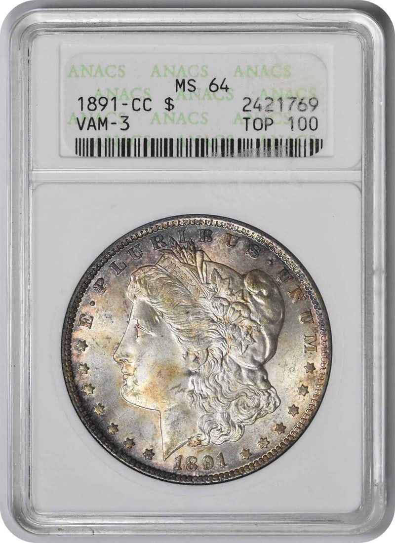 1891-CC Vam 3 Morgan Dollar MS64 ANACS Uncirculated Silver Coin: 1891-CC Vam 3 Morgan Dollar MS64 ANACS Uncirculated Silver Coin This stunning 1891-CC Vam 3 Morgan Dollar showcases the exceptional craftsmanship of George T. Morgan. Graded MS64 by ANACS, this uncirc
