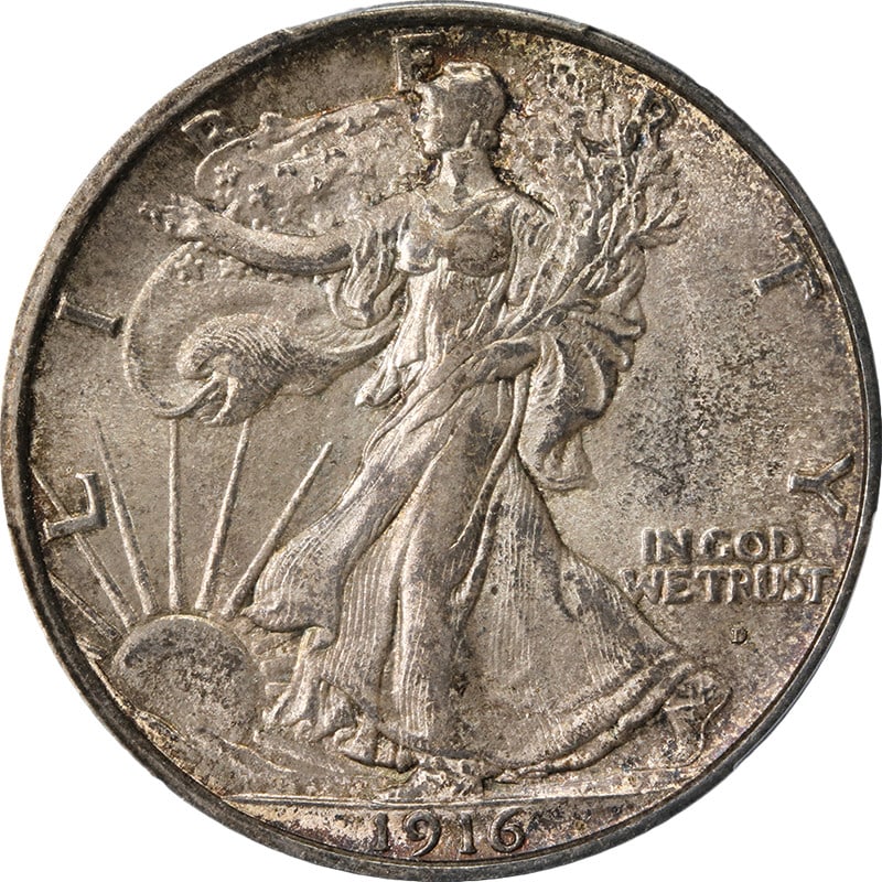 PCGS AU58 1916-D Walking Liberty Silver Half Dollar with Strong Strike: PCGS AU58 1916-D Walking Liberty Silver Half Dollar with Strong Strike This 1916-D Walking Liberty Half Dollar is graded AU58 by PCGS and features original, undipped surfaces with a pleasing strike an