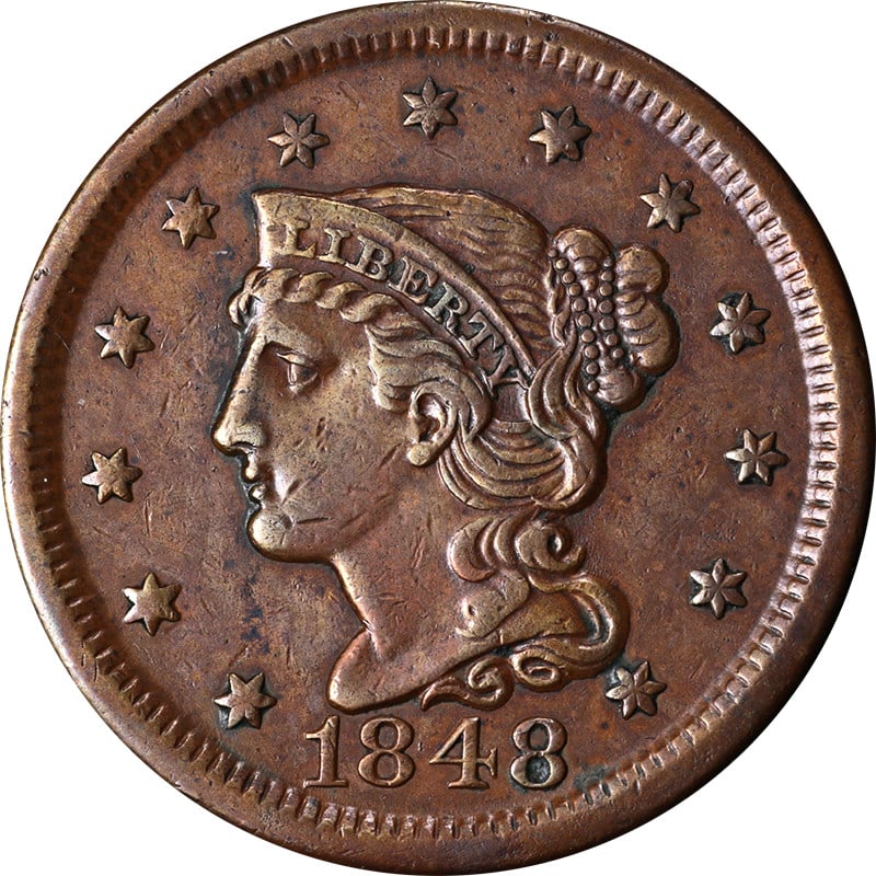 1848 United States Copper Large Cent Coin: 1848 United States Copper Large Cent Coin This is an 1848 Large Cent from the United States, composed of copper. The coin is circulated and uncertified, and is in pre-owned condition. Specifications Y