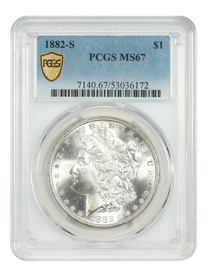 PCGS MS67 1882 San Francisco Morgan Silver Dollar: PCGS MS67 1882 San Francisco Morgan Silver Dollar This is an 1882-S Morgan Dollar graded MS67 by PCGS. Struck at the San Francisco Mint, this uncirculated coin is recognized for its concave, bowl-like
