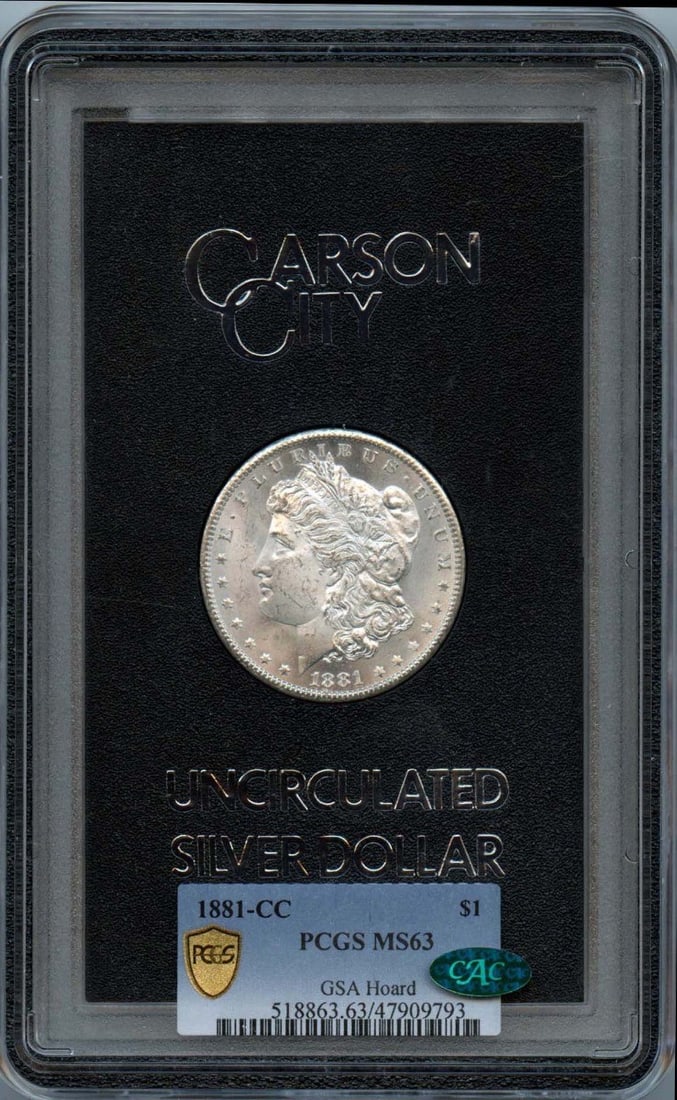 PCGS MS63 CAC 1881 Carson City Morgan Dollar GSA Hoard Silver Coin: PCGS MS63 CAC 1881 Carson City Morgan Dollar GSA Hoard Silver Coin This is an 1881-CC Morgan Dollar from the GSA Hoard, graded MS63 by PCGS with a CAC designation. The coin was minted in Carson City a