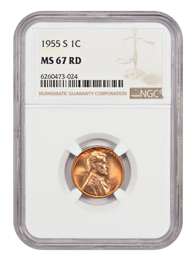 NGC MS67RD 1955-S Lincoln Wheat Cent San Francisco Mint: NGC MS67RD 1955-S Lincoln Wheat Cent San Francisco Mint This 1955-S Lincoln Cent features the Wheat Reverse design and has been certified by NGC as MS67 Red (RD). Minted in San Francisco, this uncircu
