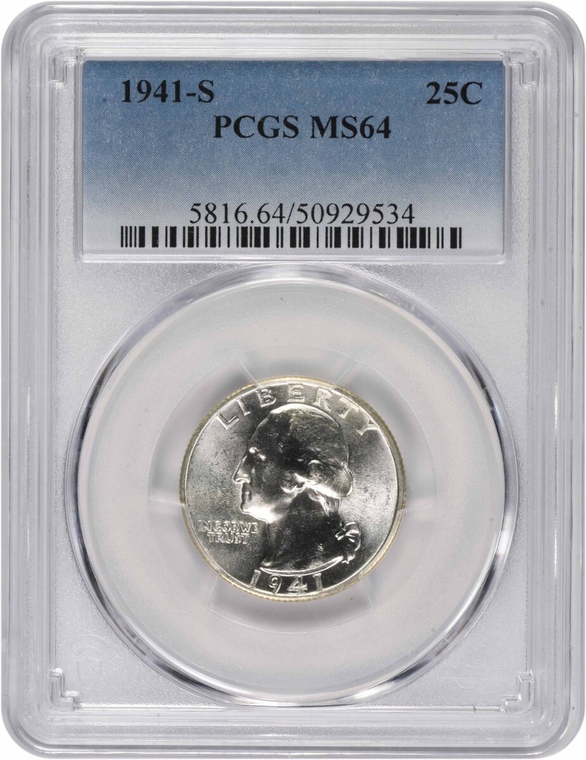 1941-S Washington Silver Quarter MS64 Certified PCGS 90% Silver: 1941-S Washington Silver Quarter MS64 Certified PCGS 90% Silver This 1941-S Washington Silver Quarter is a stunning example of numismatic artistry, graded MS64 by PCGS. Struck in San Francisco, this u