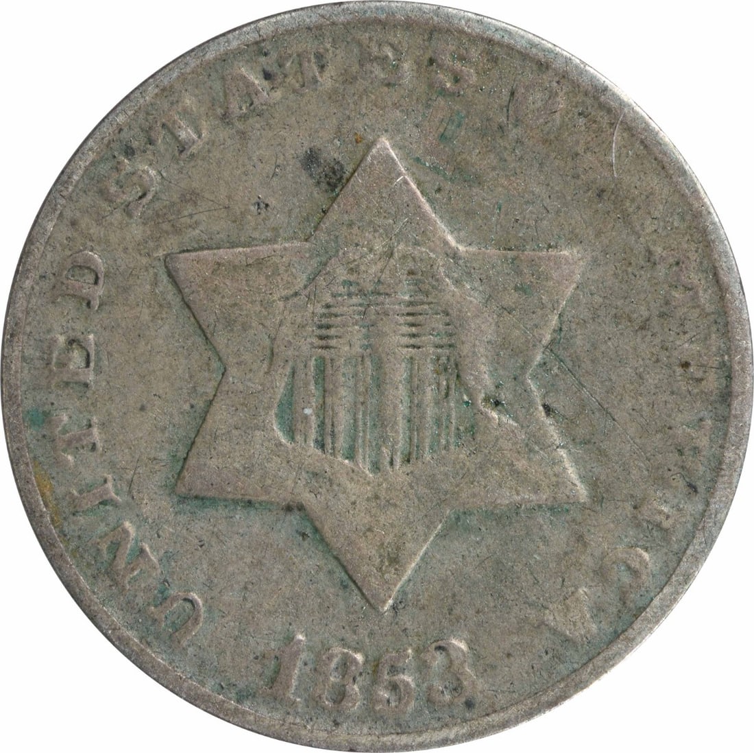 1853 Three Cent Silver Coin Uncertified Philadelphia Mint: 1853 Three Cent Silver Coin Uncertified Philadelphia Mint This 1853 Three Cent Silver coin is a fine addition for any collector. Minted in Philadelphia, this piece features a composition of 75% silver