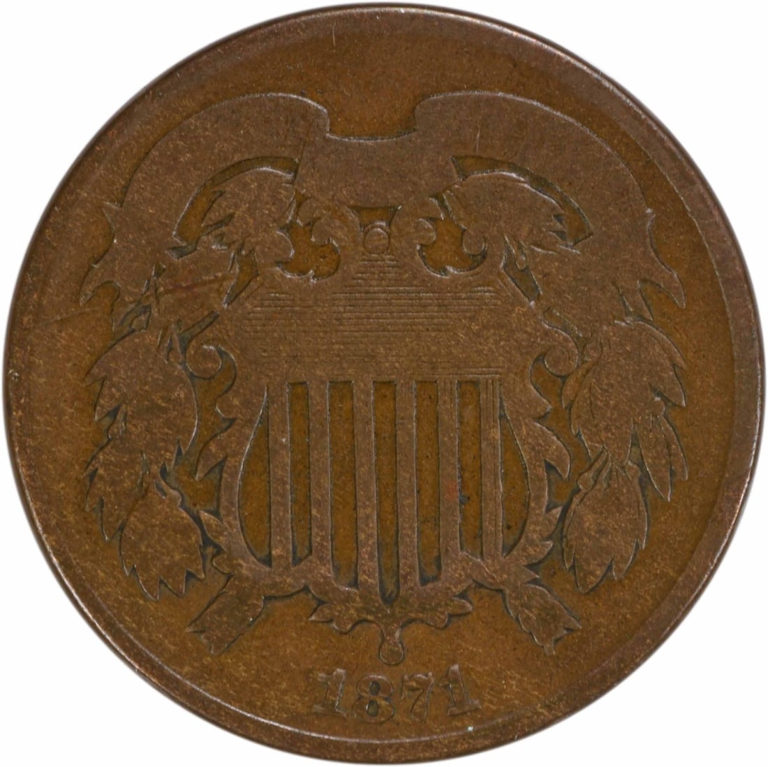 1871 Two Cent Piece Bronze Coin VG Uncertified Philadelphia: 1871 Two Cent Piece Bronze Coin VG Uncertified Philadelphia This 1871 Two Cent Piece is a remarkable collectible, featuring a vintage design by James Barton Longacre. As a circulated coin in Very Good