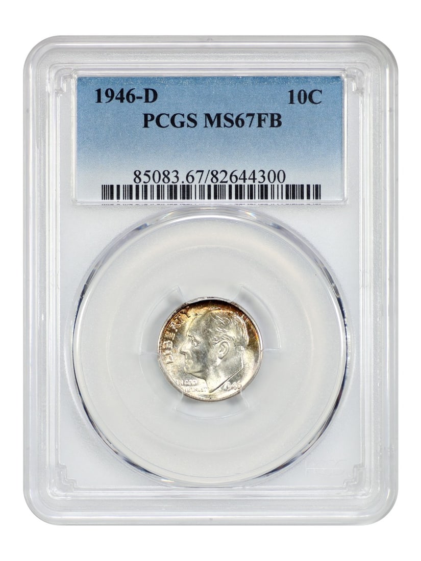 PCGS MS67FB 1946-D Roosevelt Dime 10C Uncirculated: PCGS MS67FB 1946-D Roosevelt Dime 10C Uncirculated This is a 1946-D Roosevelt Dime graded MS67FB by PCGS. The coin is uncirculated and features a Full Bands (FB) designation, indicating strong detail 
