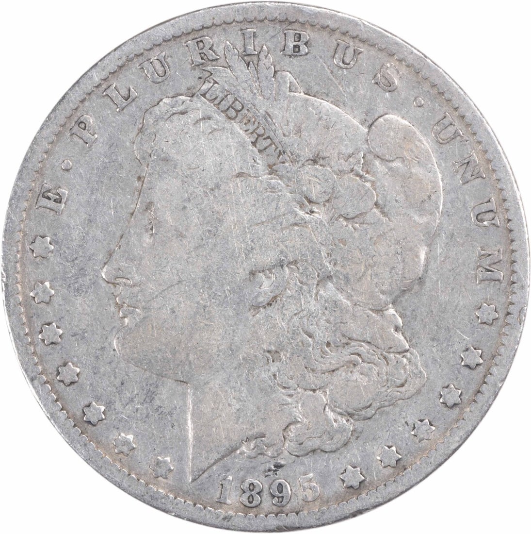 1895-O Morgan Silver Dollar VG Uncertified 90% Silver Coin: 1895-O Morgan Silver Dollar VG Uncertified 90% Silver Coin This 1895-O Morgan Silver Dollar is a classic collectible coin, featuring a design by George T. Morgan. The coin is made of 90% silver and 10