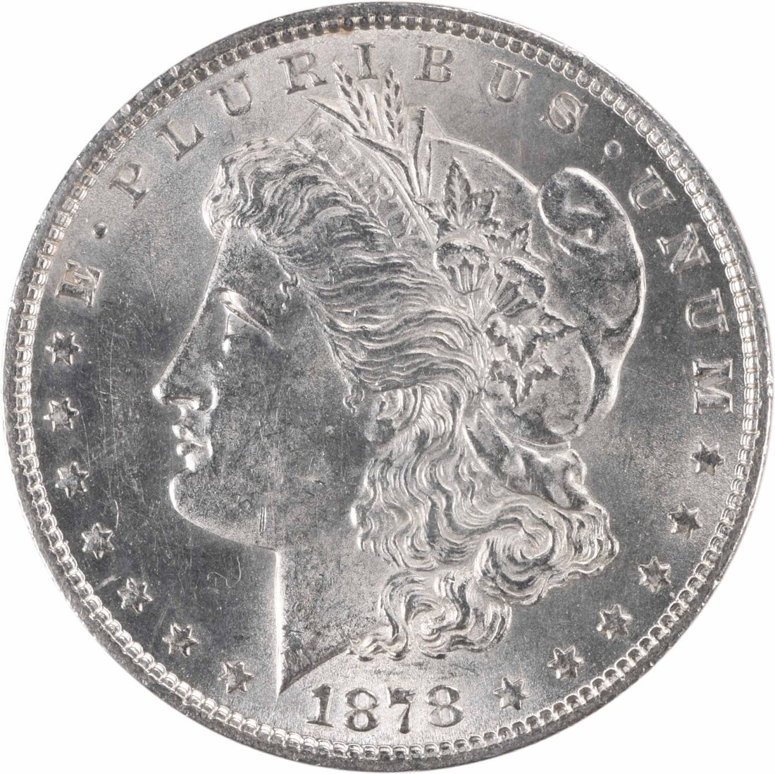 Uncirculated 1878 Silver Morgan Dollar 7 Tail Feathers Reverse of 1879: Uncirculated 1878 Silver Morgan Dollar 7 Tail Feathers Reverse of 1879 This is an 1878 Morgan Silver Dollar featuring the 7 tail feathers reverse of 1879. The coin is uncirculated and is in brilliant 