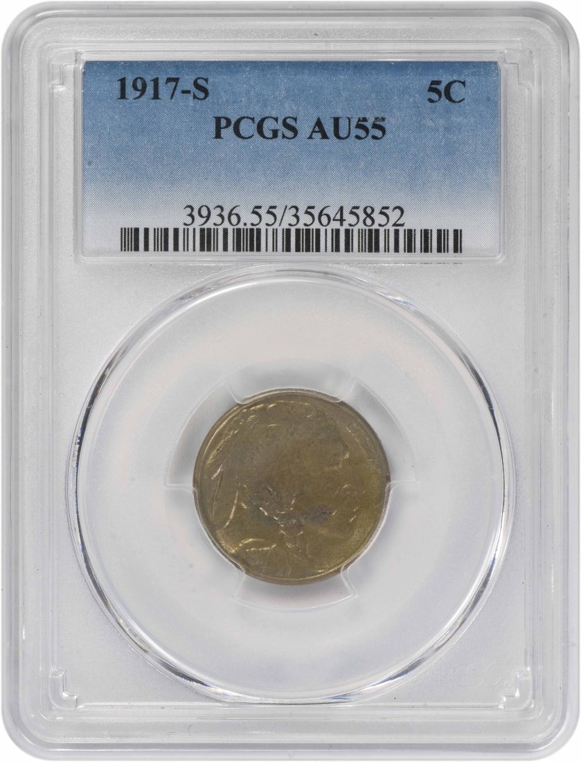 PCGS AU55 1917 San Francisco Buffalo Nickel Five Cent Coin: PCGS AU55 1917 San Francisco Buffalo Nickel Five Cent Coin This 1917-S Buffalo Nickel from the United States is graded AU55 by PCGS. Minted in San Francisco, it features the classic design by James Ea