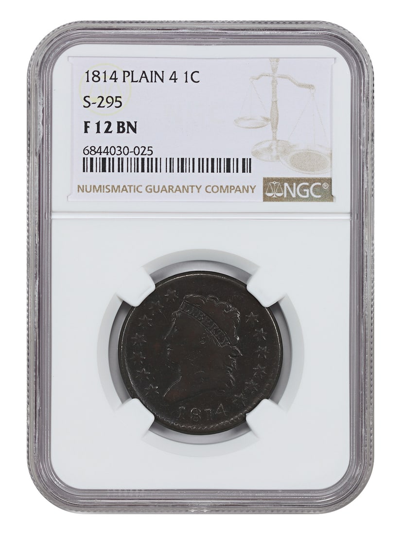 Classic Head 1814 One Cent NGC Graded Fine 12 Plain 4 S-295: Classic Head 1814 One Cent NGC Graded Fine 12 Plain 4 S-295 This 1814 Classic Head Cent is a circulated coin certified by NGC with a Fine 12 grade (BN) and features the S-295, Plain 4 variety. Struck 