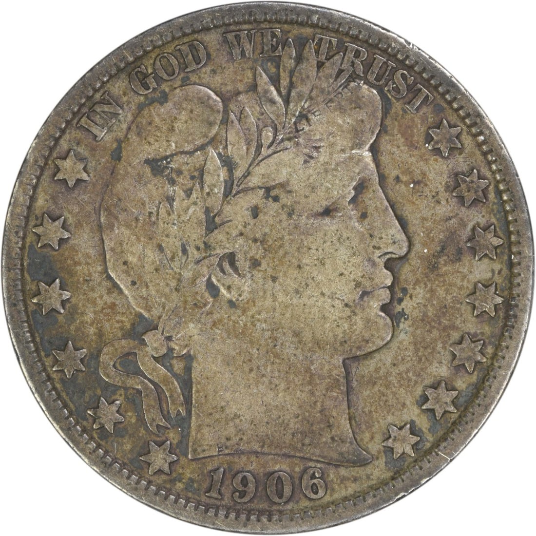 1906 Philadelphia Barber Half Dollar 90 Percent Silver Fine Grade Uncertified: 1906 Philadelphia Barber Half Dollar 90 Percent Silver Fine Grade Uncertified This 1906 Barber Half Dollar was minted in Philadelphia and features the design by Charles E. Barber. The coin is composed