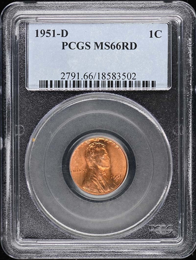 1951-D Lincoln Cent Type 1 Wheat Reverse PCGS MS66RD: 1951-D Lincoln Cent Type 1 Wheat Reverse PCGS MS66RD This 1951-D Lincoln Cent features a Type 1 Wheat Reverse and has been certified by PCGS with the grade of MS66RD, indicating it is in uncirculated 