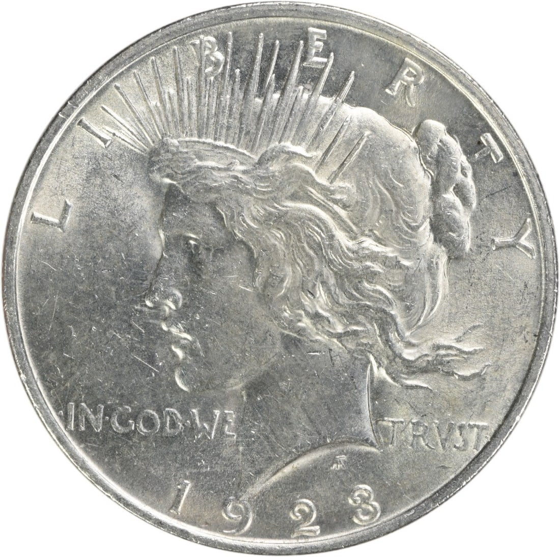 1923 Peace Silver Dollar AU Uncertified Philadelphia Mint: 1923 Peace Silver Dollar AU Uncertified Philadelphia Mint This 1923 Peace Silver Dollar features a captivating design by Anthony de Francisci. Struck at the Philadelphia Mint, this coin is classified 