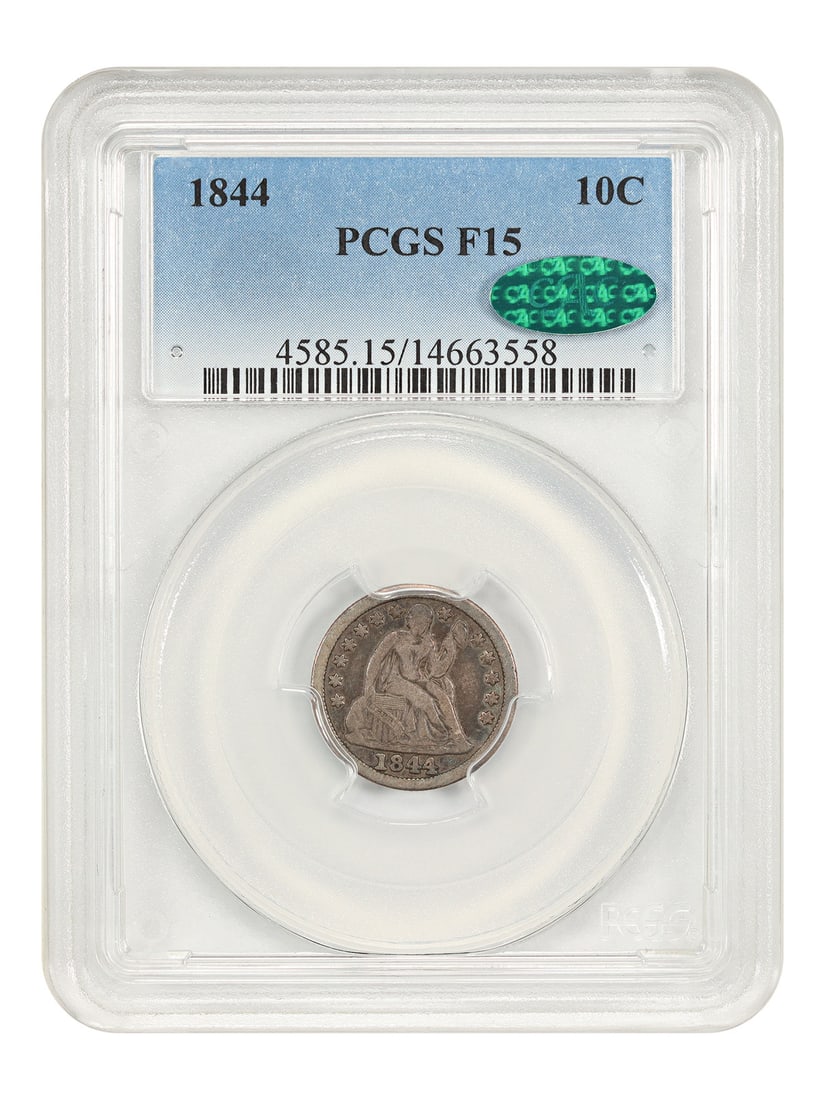 1844 Liberty Seated Dime Philadelphia Mint PCGS CAC Fine 15 Key Date: 1844 Liberty Seated Dime Philadelphia Mint PCGS CAC Fine 15 Key Date This 1844 Liberty Seated Dime, also known as the "Little Orphan Annie" dime, is a highly sought-after numismatic rarity. Graded Fin