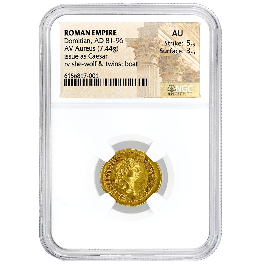 Domitian Gold Aureus Roman Empire NGC AU Certified Ancient Coin: Domitian Gold Aureus Roman Empire NGC AU Certified Ancient Coin This Roman Empire AV Aureus gold coin dates from the reign of Emperor Domitian (AD 81-96). Certified by NGC with an AU (About Uncirculat