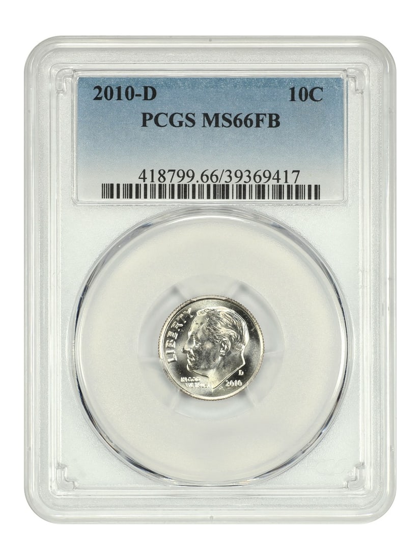 PCGS MS66FB 2010 Denver Roosevelt Dime 10C Uncirculated: PCGS MS66FB 2010 Denver Roosevelt Dime 10C Uncirculated This is a 2010-D Roosevelt Dime graded MS66FB by PCGS. The coin is uncirculated, features a full band designation, and was minted in Denver. It 