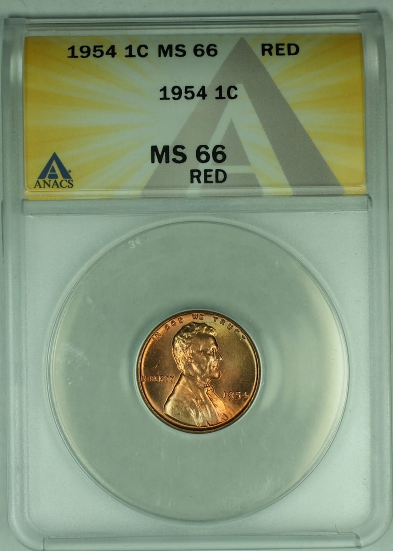 1954 Lincoln Wheat Cent RD ANACS MS 66 Certified Small Cent Coin: 1954 Lincoln Wheat Cent RD ANACS MS 66 Certified Small Cent Coin This 1954 Lincoln Wheat Cent is an un-used small cent from the United States, featuring the iconic wheat reverse design. Graded MS 66 R