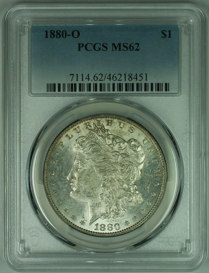 PCGS MS-62 1880-O Morgan Dollar Silver Coin from New Orleans Mint: PCGS MS-62 1880-O Morgan Dollar Silver Coin from New Orleans Mint This is an 1880-O Morgan Silver Dollar from the United States, featuring a silver composition with a fineness of 0.9. Graded MS-62 by 