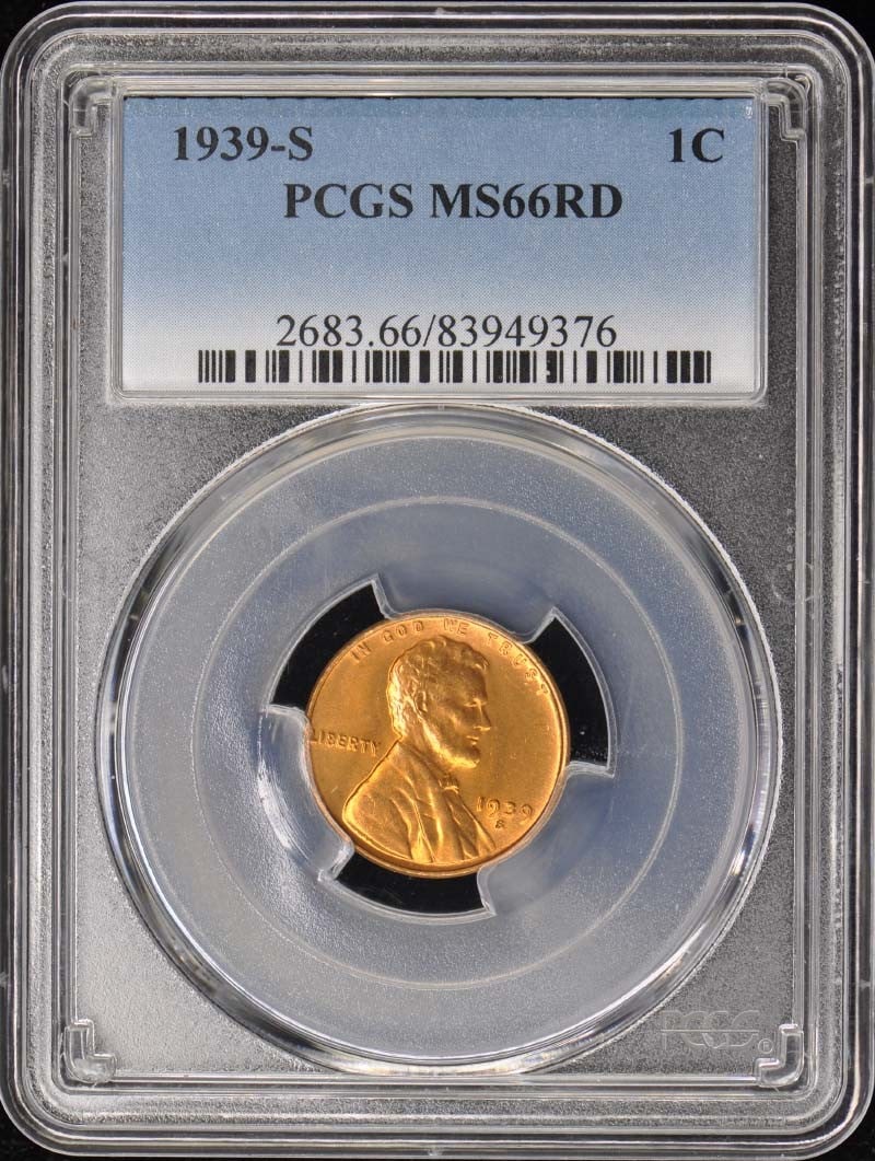 1939-S Lincoln Cent Type 1 Wheat Reverse PCGS MS66RD: 1939-S Lincoln Cent Type 1 Wheat Reverse PCGS MS66RD This 1939-S Lincoln Cent features the Type 1 Wheat Reverse and has been certified by PCGS with a grade of MS66RD, indicating it is in uncirculated 