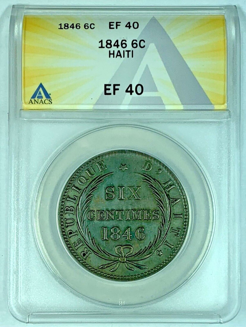 1846 Haiti 6 Centimes Copper Coin Graded XF 40 by ANACS: 1846 Haiti 6 Centimes Copper Coin Graded XF 40 by ANACS This 1846 6 Centimes coin from Haiti is composed of copper and has been certified by ANACS with a grade of XF 40. The coin is circulated and rem