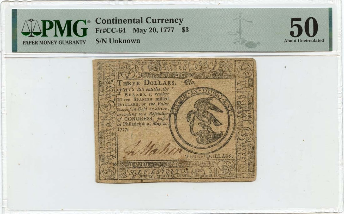 PMG AU50 1777 Continental Currency Three Dollar Note FR CC-64 Rare: PMG AU50 1777 Continental Currency Three Dollar Note FR CC-64 Rare This is a rare $3 Continental Currency note dated May 20, 1777, graded AU50 by PMG. It is a circulated example of early American curr