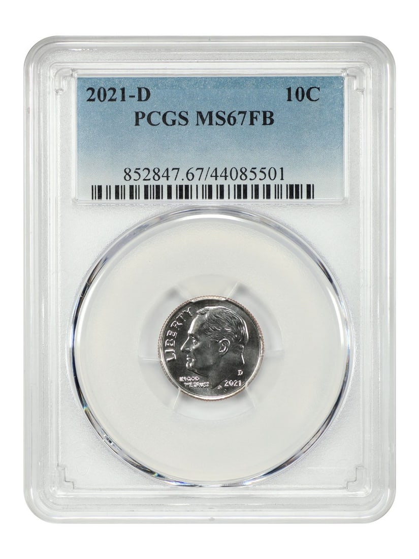 PCGS MS67FB 2021-D Roosevelt Dime 10C Uncirculated: PCGS MS67FB 2021-D Roosevelt Dime 10C Uncirculated This 2021-D Roosevelt Dime is graded MS67FB by PCGS. It is uncirculated and features a Full Bands designation, indicating sharp detail on the coin's 