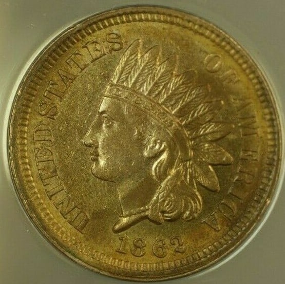 ANACS MS-60 Indian Head Small Cent 1862 Copper-Nickel Uncirculated Cleaned (1 of 4)