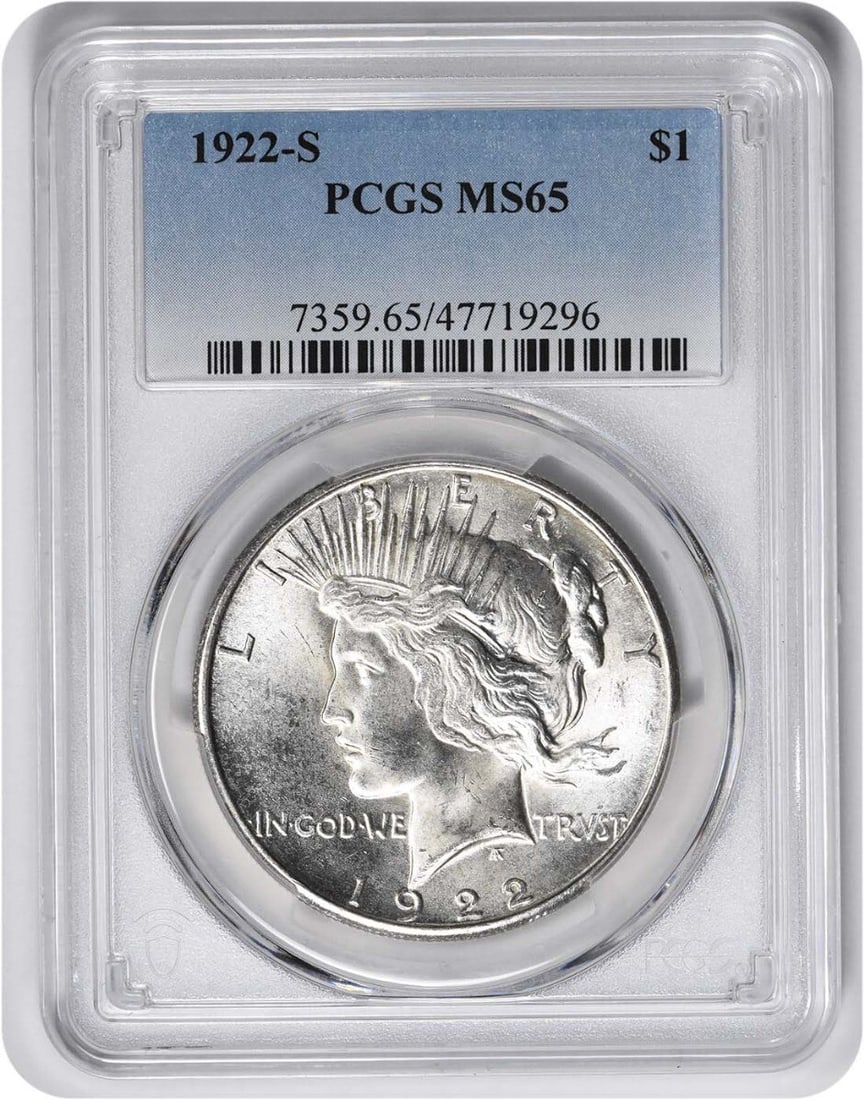 1922-S Peace Silver Dollar MS65 Certified by PCGS: 1922-S Peace Silver Dollar MS65 Certified by PCGS This 1922-S Peace Silver Dollar is graded MS65 by PCGS, ensuring its exceptional quality and brilliance. It features a beautiful silver composition an
